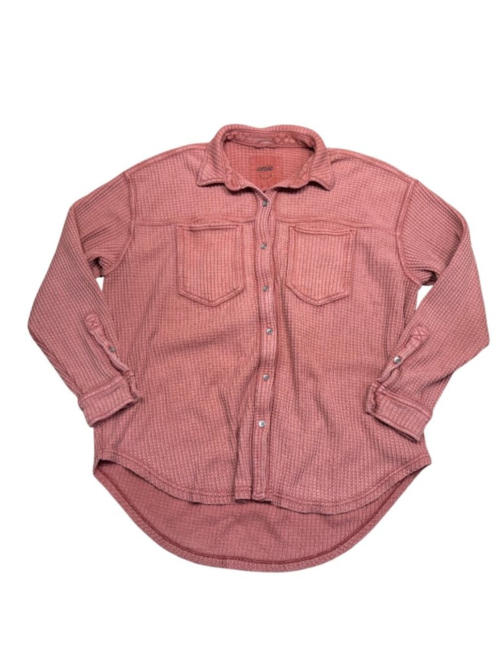 Aerie Mauve Waffle Knit Button Down Shirt Womens Size S Oversized Pink Long Slee